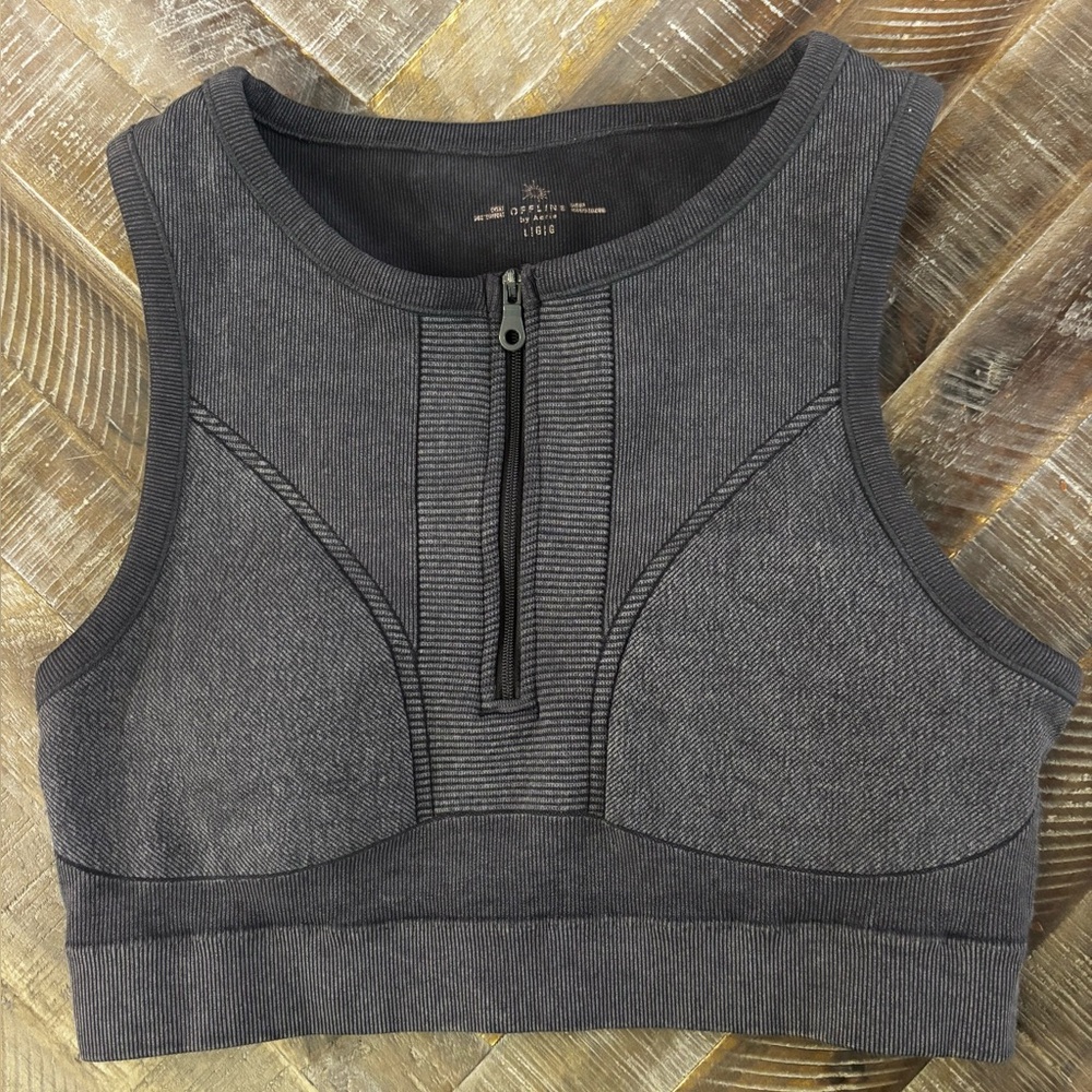 aerie Charcoal Zip-Front Ribbed Crop Tank
